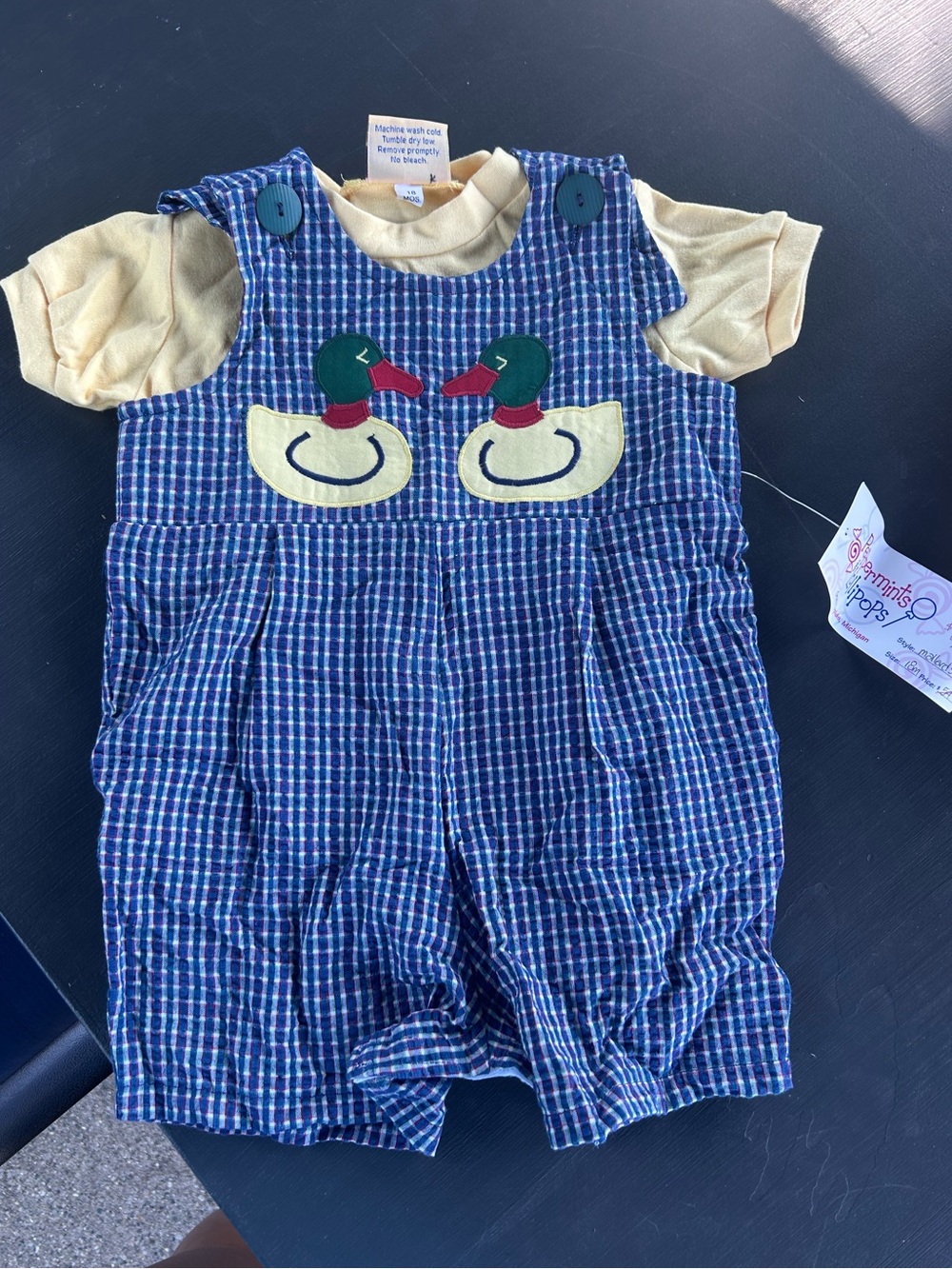 PEPPERMINTS & LOLLIPOPS Blue Plaid Romper- Duck Appliqué 18 MONTHS *VINTAGE*